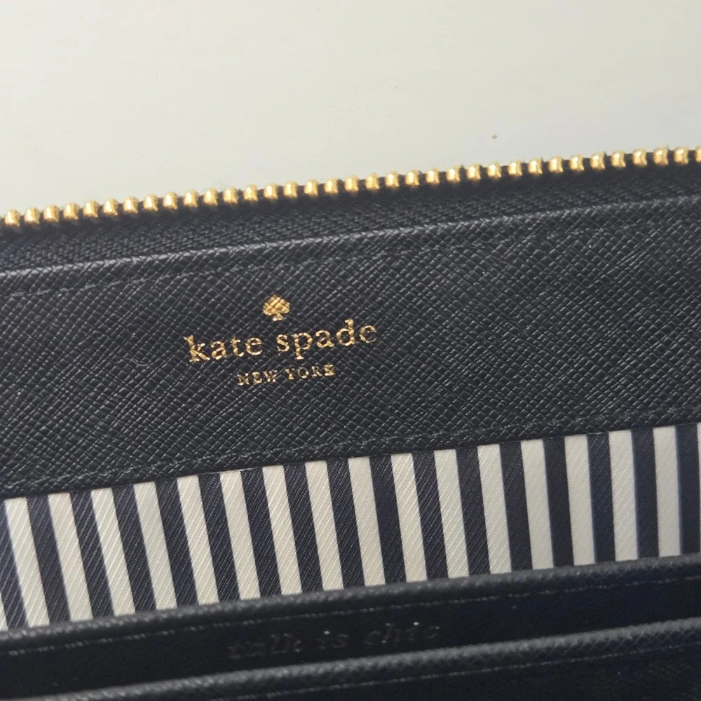 Kate Spade New York Black Saffiano Leather Zip Around Wristlet Wallet Gold Logo